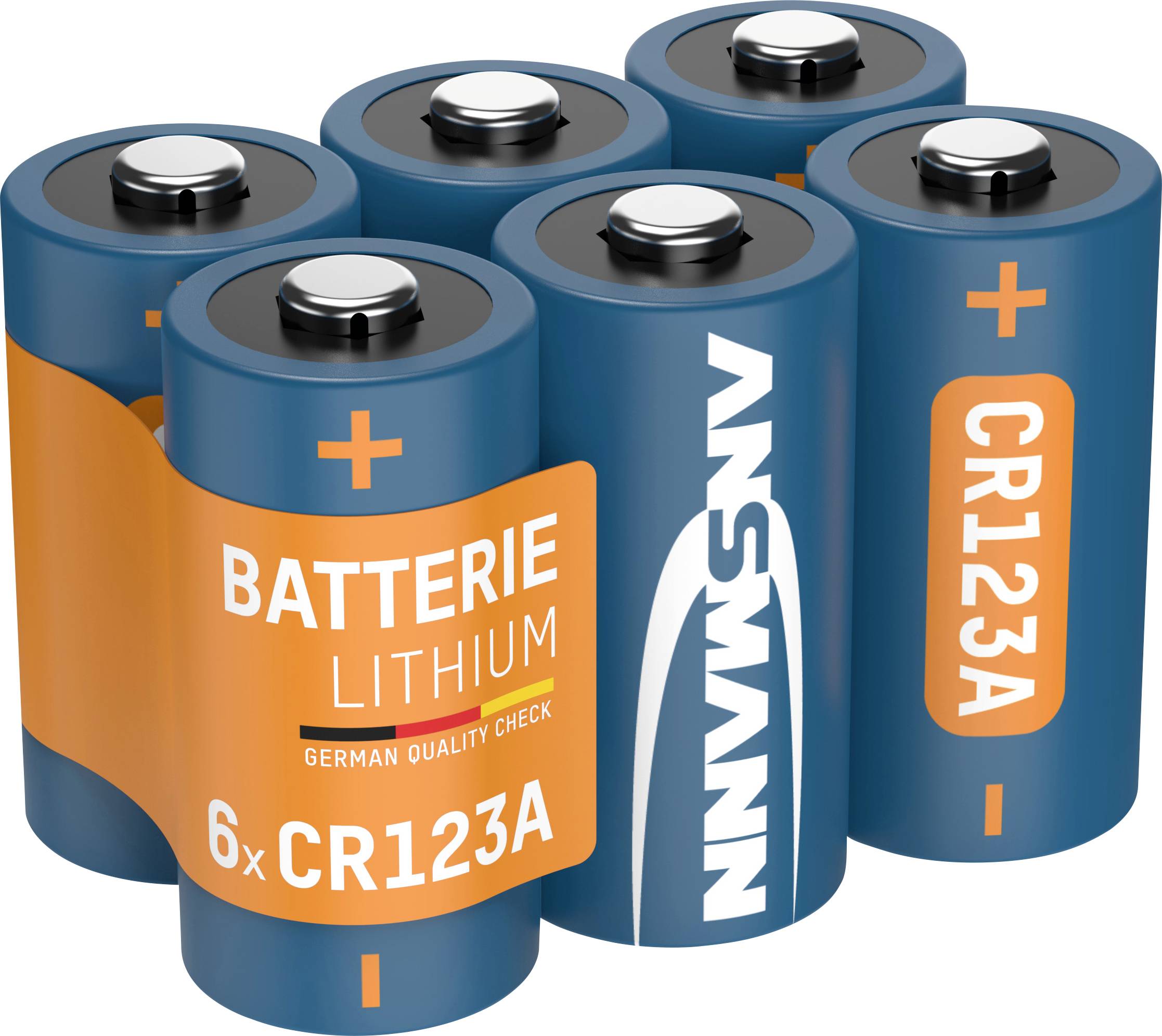 'Sechs blaue CR123A Lithium-Batterien, zwei davon in orangefarbener Verpackung mit Aufschrift 