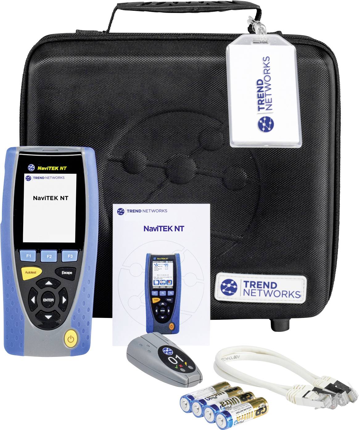 Netzwerktester-Set mit NaviTEK NT Gerät, Anleitung, Fernbedienung, Batterien und Kabel vor schwarzer Tragetasche.