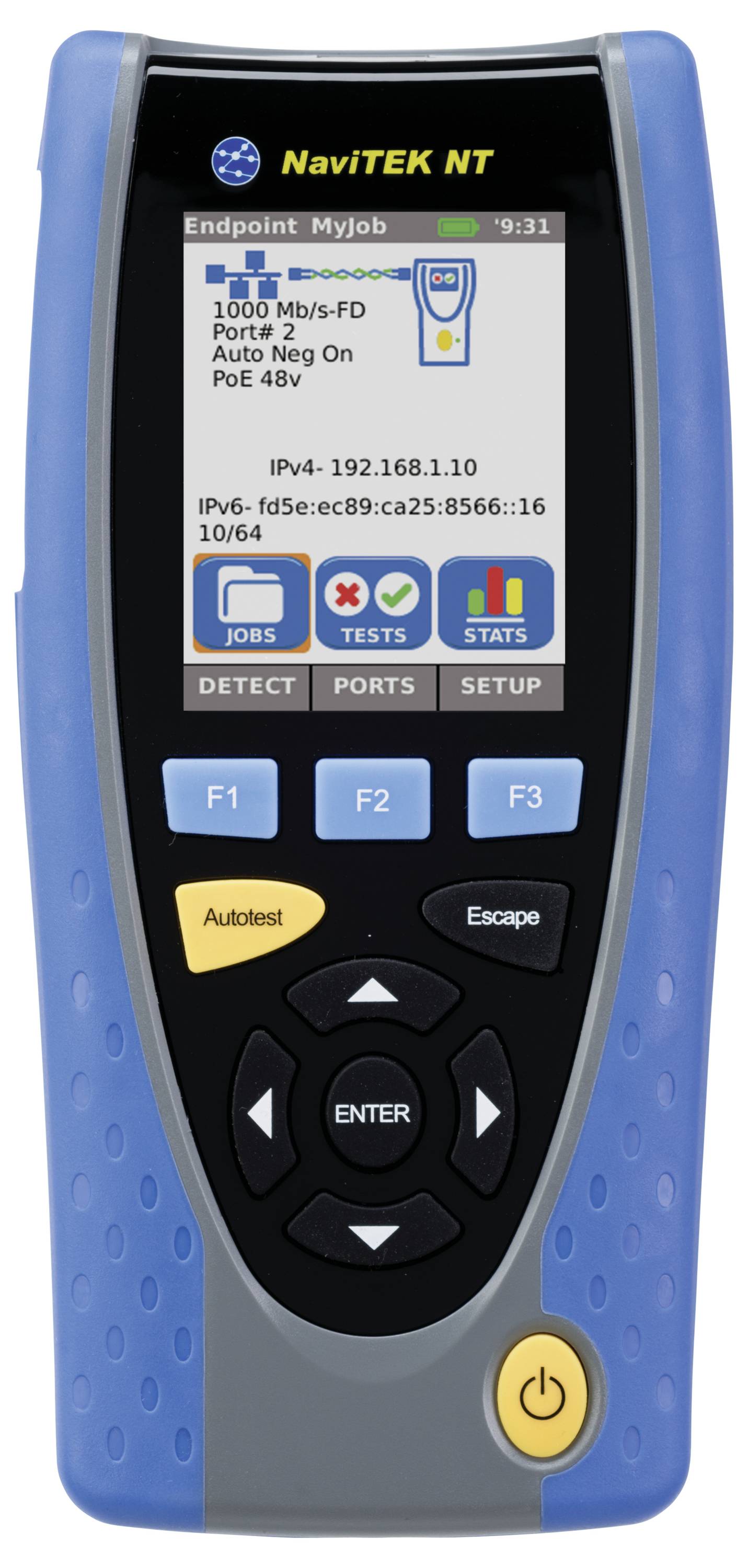 Handtester zur Netzwerkanalyse, zeigt Test-Ergebnisse auf Display. Hauptmenü mit Optionen: 'Jobs', 'Tests', 'Setup'. Verbindungsdetails und IP-Adresse sichtbar.