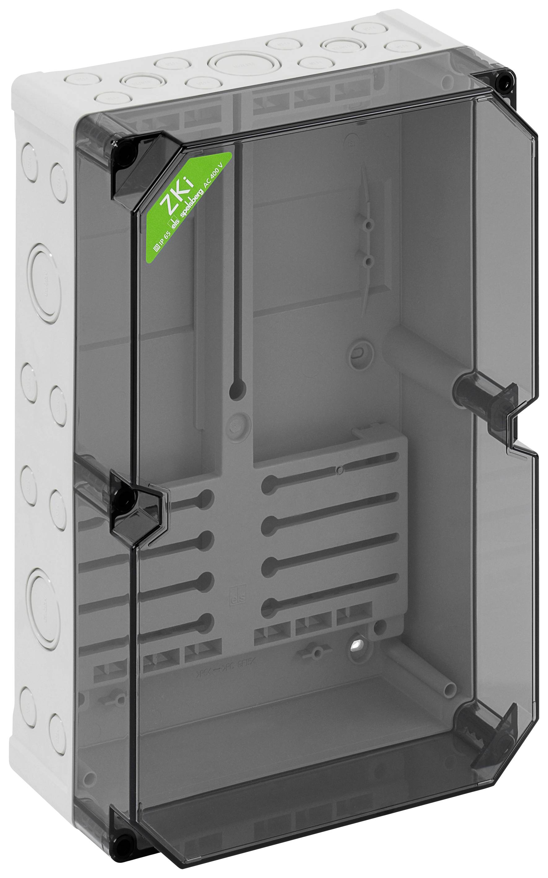 Transparenter Kunststoffkasten mit seitlichen Verschlüssen und grüner Zettelmarke 'ZKI' innen. Geeignet für elektrische Installationen.
