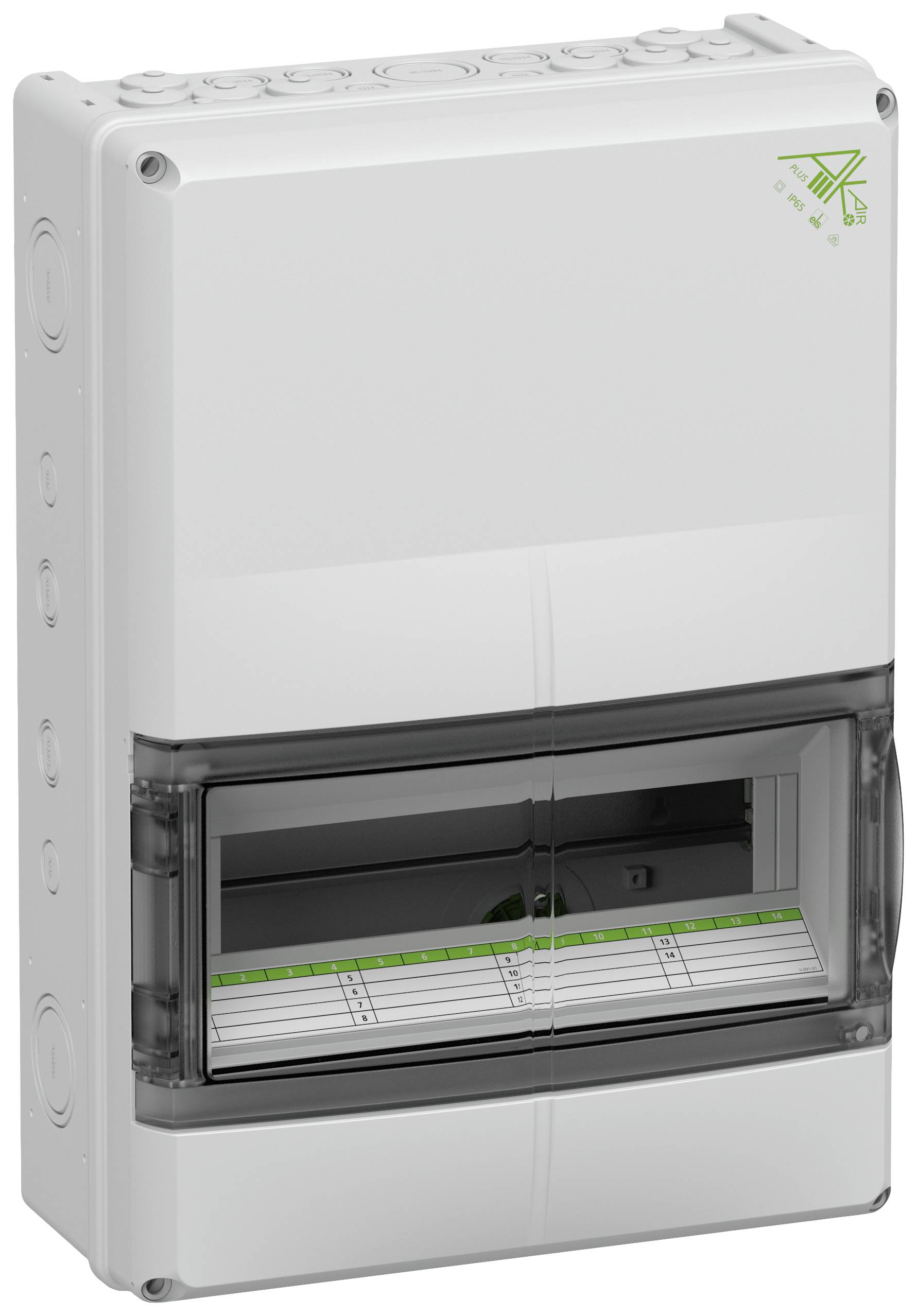 Schaltkasten mit transparentem Fenster, zeigt unterschiedliche Sicherungsplätze. Geeignet für elektrische Installationen in Gebäuden.