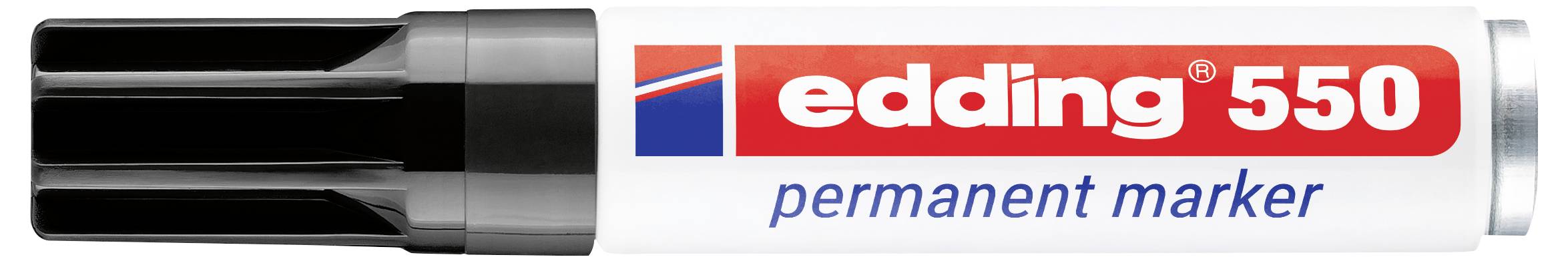 Bild eines edding 550 Permanentmarkers mit schwarzer Kappe und weißem Schaft, beschriftet mit "edding 550" und "permanent marker".