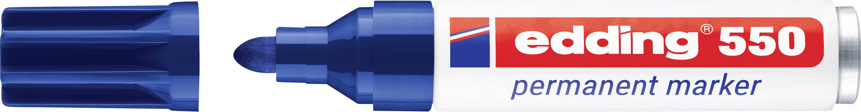 Blaukappen-Edding 550 Permanentmarker mit entfernter Kappe, zeigt die blaue Keilspitze und rotes-weißes Markenlabel.