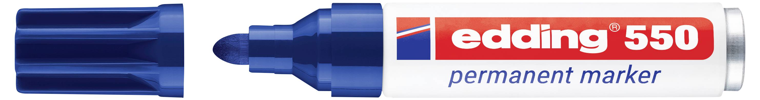 Blauer Edding 550 Permanentmarker mit abgenommener Kappe, wobei die Spitze und das rot-weiße Etikett sichtbar sind.