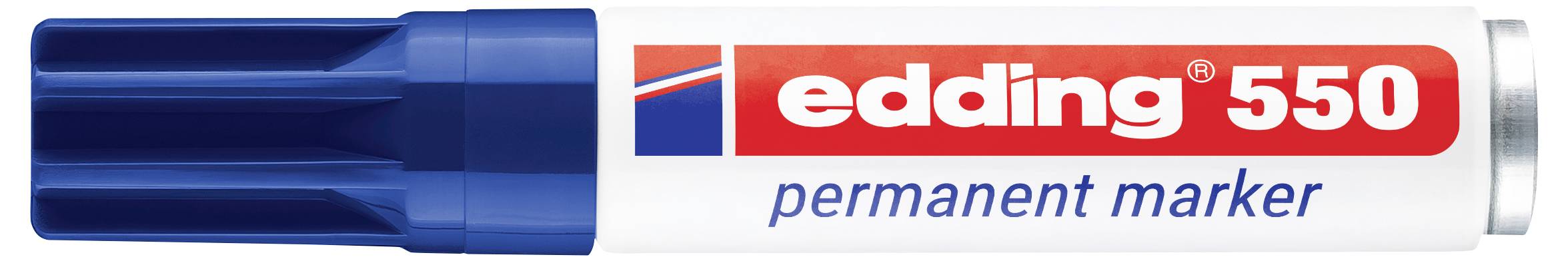 Blaubedeckter Edding 550 Permanentmarkerstift, horizontal gezeigt, mit rot-weißem Etikett.