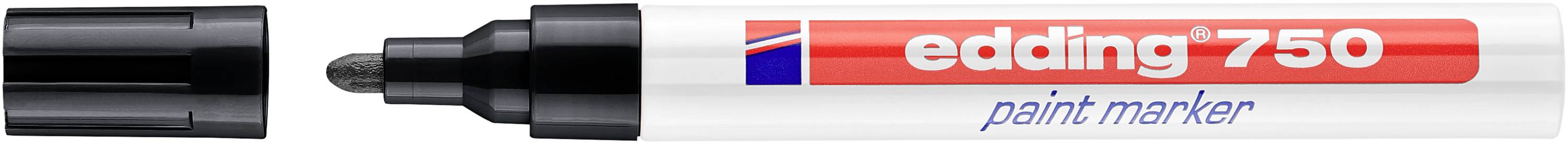 Schwarze Kappe Edding 750 Lackmarker mit rot-weißem Etikett, horizontal auf weißem Hintergrund dargestellt.