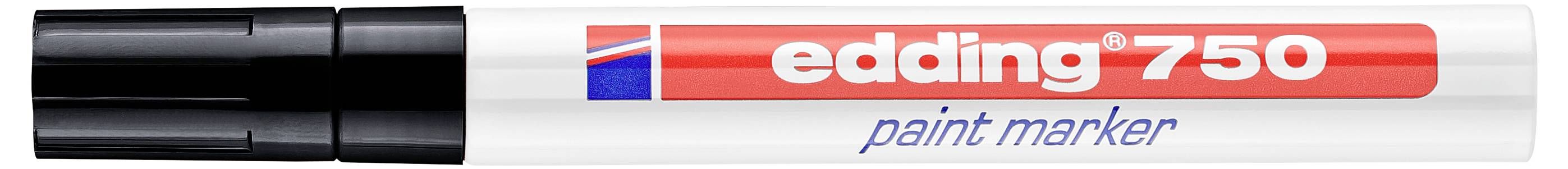 Weißer edding 750 Lackmarker mit schwarzer Kappe und rotem Etikett, horizontal auf einem neutralen Hintergrund gezeigt.