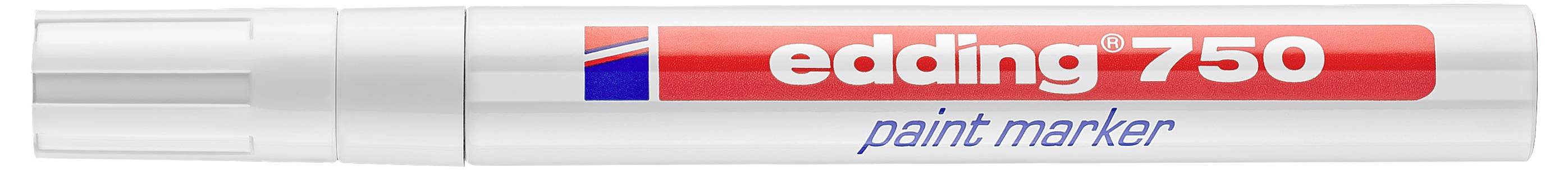 Ein weißer Edding 750 Lackmarker mit rotem Etikett und grauer Kappe, horizontal auf einfachem Hintergrund dargestellt.