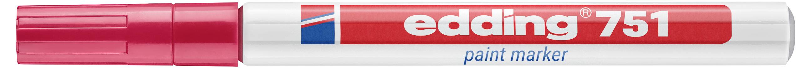 Rosa Edding 751 Lackmarker mit Kappe, mit der Beschriftung "edding 751 paint marker" auf weißem Hintergrund.