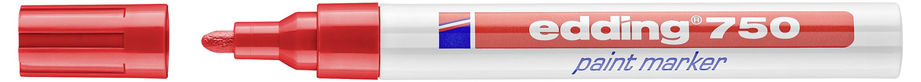 Roter Edding 750 Lackmarker mit abgenommener Kappe, zeigt die Keilspitze und den silbernen Schaft mit der Bezeichnung „edding 750 Lackmarker".