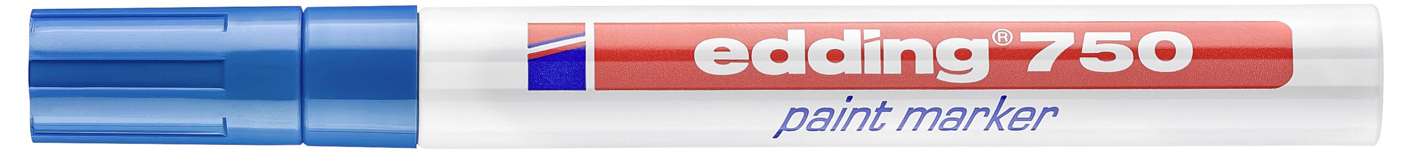 Blaukappe weißer Edding 750 Lackmarker mit rotem Etikett und silbernem Schaft