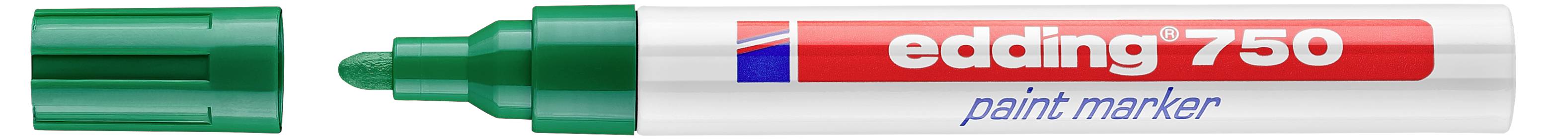 Ein grüner Lackmarker mit abgenommener Kappe, wobei die Spitze sichtbar ist, mit der Bezeichnung "edding 750 Lackmarker."