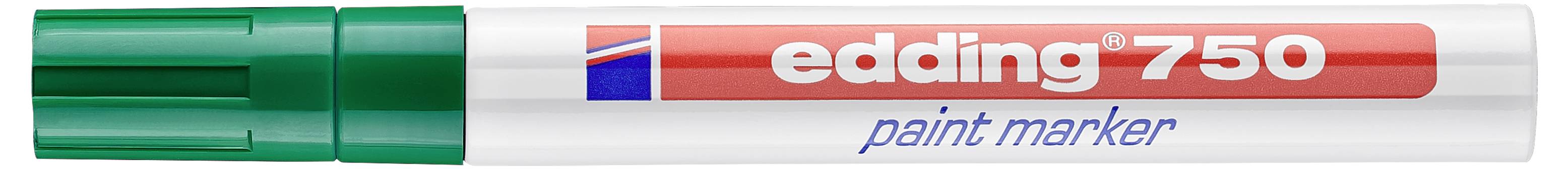 Ein weißer Lackmarker mit grüner Kappe, beschriftet mit edding 750 und paint marker.