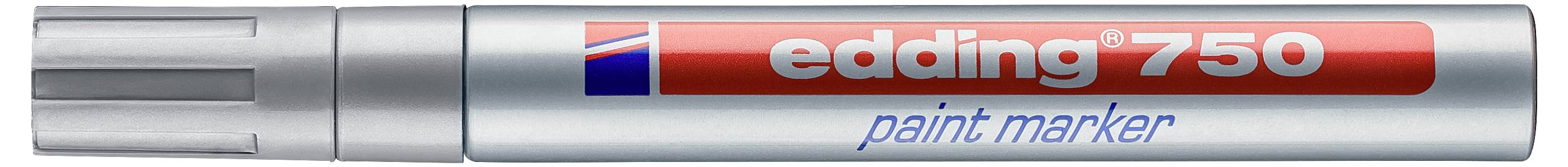 Silberner Edding 750 Lackmarker mit rotem Etikett, horizontal in seiner Verpackung dargestellt.