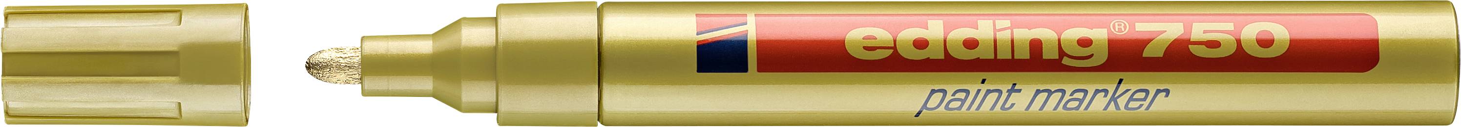 Edding 750 Lackmalstift mit goldenem Farbton, Kappe entfernt, zeigt die Spitze und das Markenlogo auf dem Schaft.