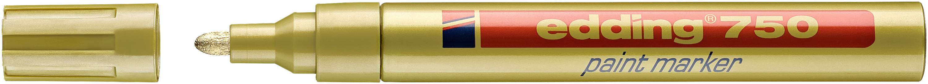 Goldener Edding 750 Lackmarker, gezeigt mit abgenommener Kappe, die eine goldene Lackspitze freilegt; der Markerkörper zeigt den Markennamen und das Modell.