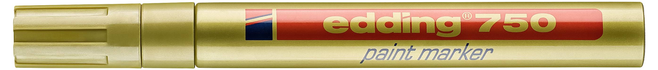 Goldener Edding 750 Lackmarker mit rotem Etikett und blauer Kappe, horizontal auf weißem Hintergrund dargestellt.