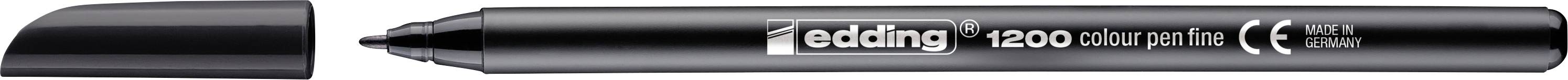 Schwarzer Edding 1200 Faserstift mit aufgesetzter Kappe, horizontal auf weißem Hintergrund dargestellt.