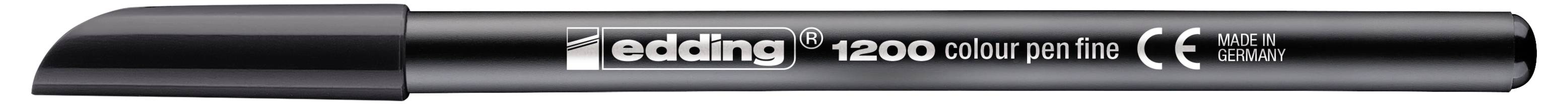 Schwarzer Edding 1200 Farbstift Fineliner mit Kappe, horizontal vor weißem Hintergrund dargestellt.