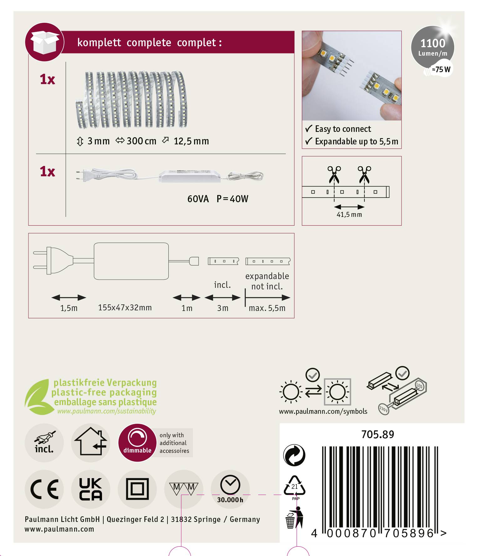 Paulmann MaxLED 1000 70589 LED-Streifen-Basisset mit Stecker 24V 3m Tageslichtweiß 1St.