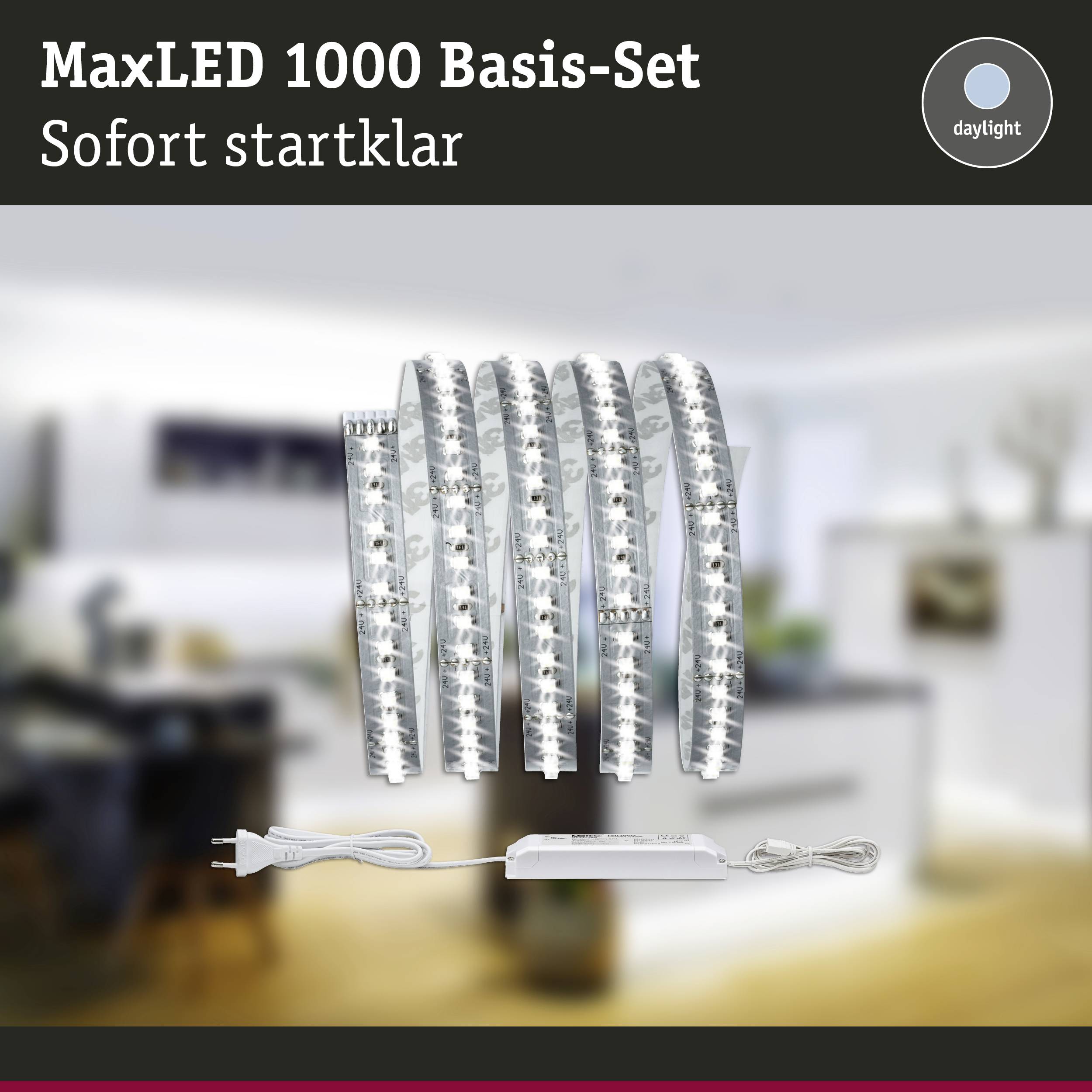 MaxLED 1000 Basis-Set, sofort startklar. Enthält LEDs mit Tageslicht-Farbtemperatur, geeignet für Inneneinrichtung.