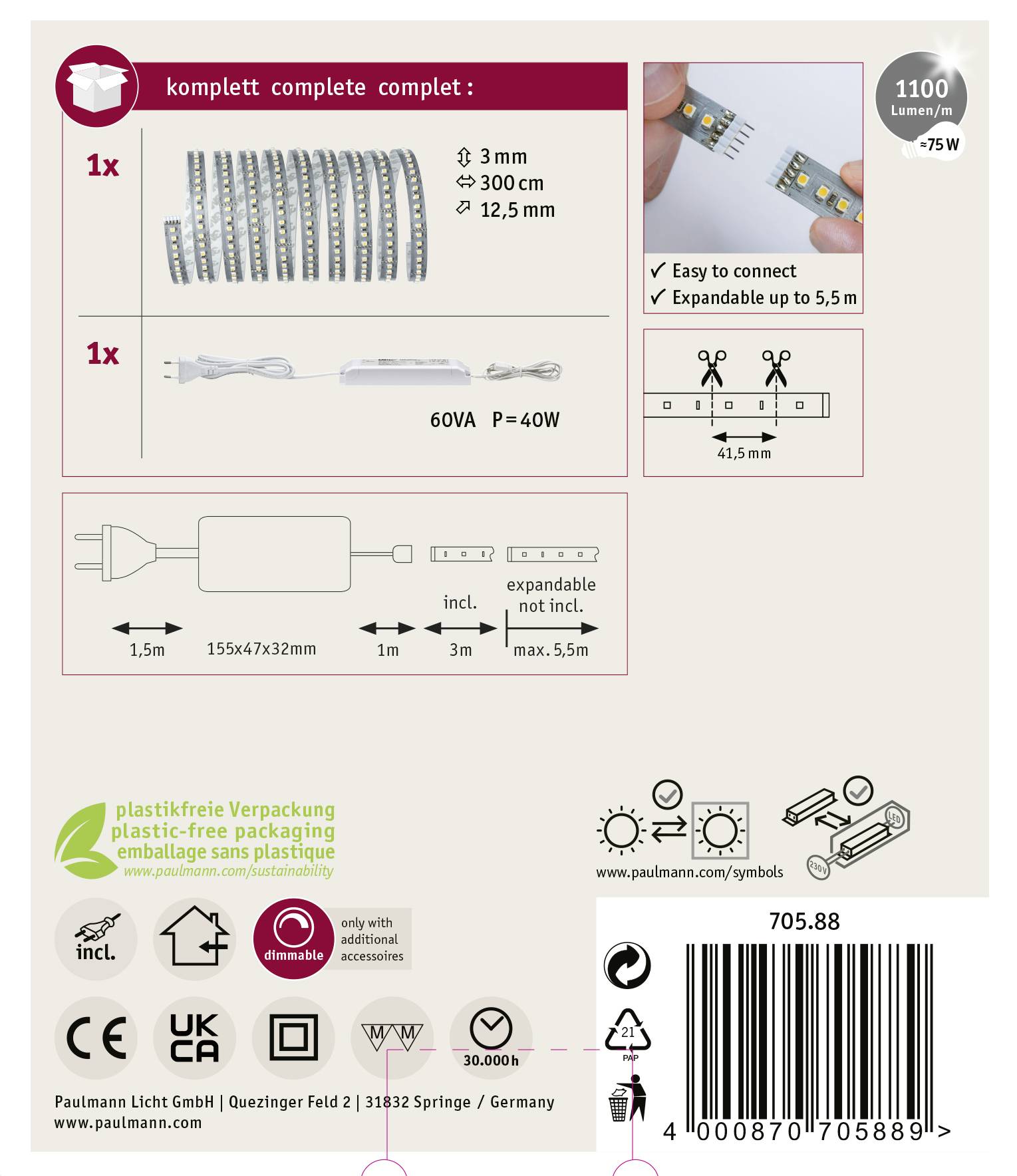 Paulmann MaxLED 1000 70588 LED-Streifen-Basisset mit Stecker 24V 3m Warmweiß 1St.