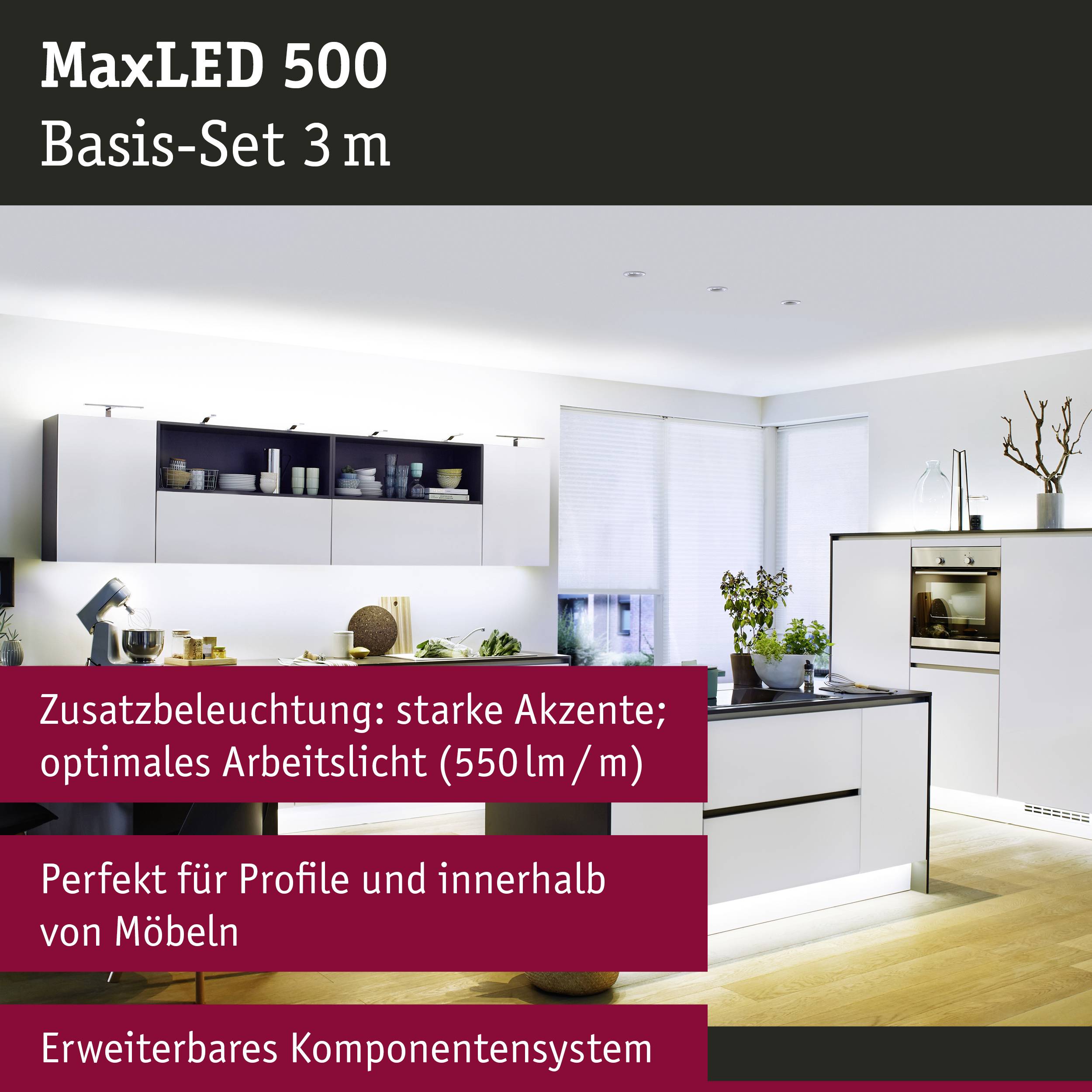 Küche mit moderner Beleuchtung durch MaxLED 500 System. Betonung auf Akzentbeleuchtung, ideal für Möbel und Dekoration.