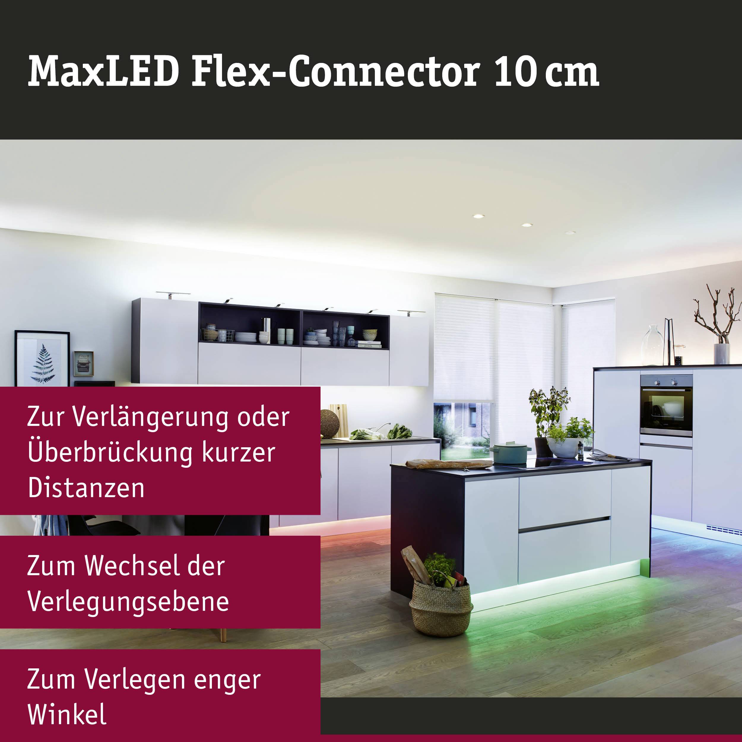 Moderner Küchenraum mit LED-Leuchten unter den Schränken. Text oben betont die Flexibilität des MaxLED Flex-Connectors von 10 cm zum Überbrücken oder Wechseln kurzer Distanzen und bei engen Winkeln.