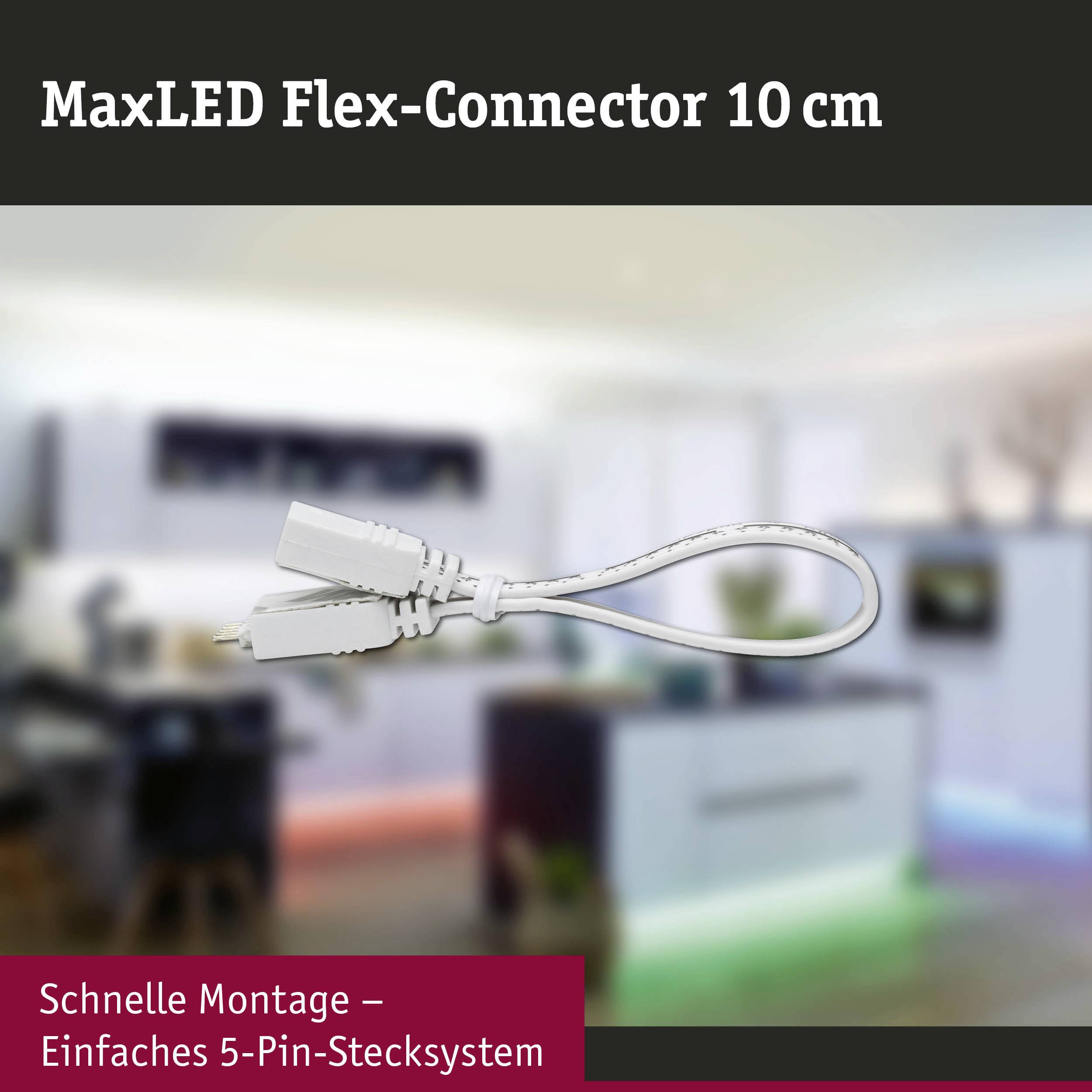 MaxLED Flex-Connector 10 cm, weißes Kabel mit Steckverbindungen vor verschwommenem Hintergrund. Text: 'Schnelle Montage - Einfaches 5-Pin-Stecksystem'.