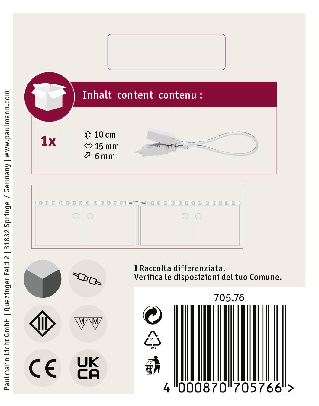 Verpackungsrückseite eines Produkts. Zeigt Inhalt: eine Verbindung mit Maßen 10 cm, 15 mm, 6 mm. Enthält Warnhinweise und Barcodes.