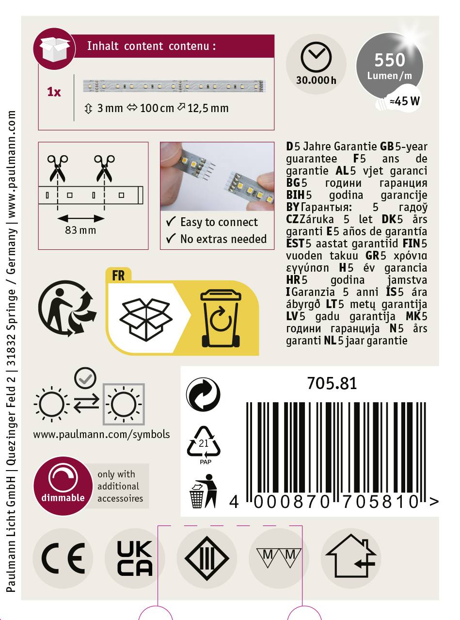 Paulmann MaxLED 500 70581 LED-Streifen-Erweiterung mit Stecker 24V 1m Warmweiß 1St.