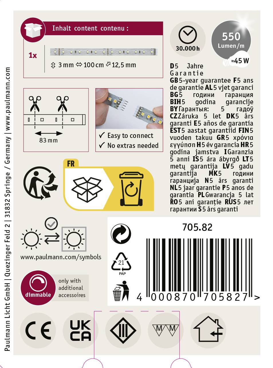 Paulmann MaxLED 500 70582 LED-Streifen-Erweiterung mit Stecker 24V 1m Tageslichtweiß 1St.