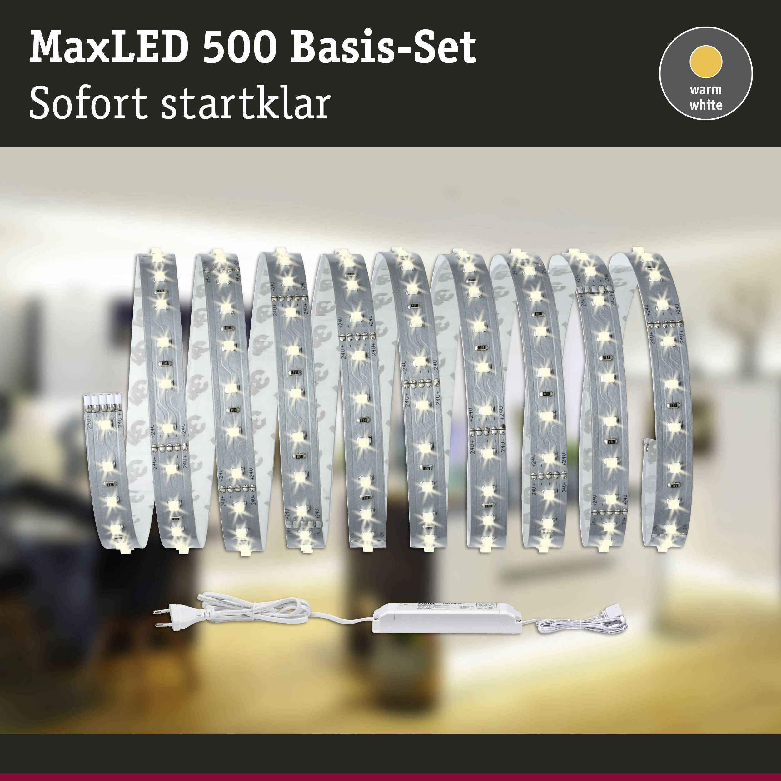 MaxLED 500 Basis-Set, sofort startklar. Enthält warmweiße LED-Streifen mit Netzteil, bereit zur Installation in Innenräumen.