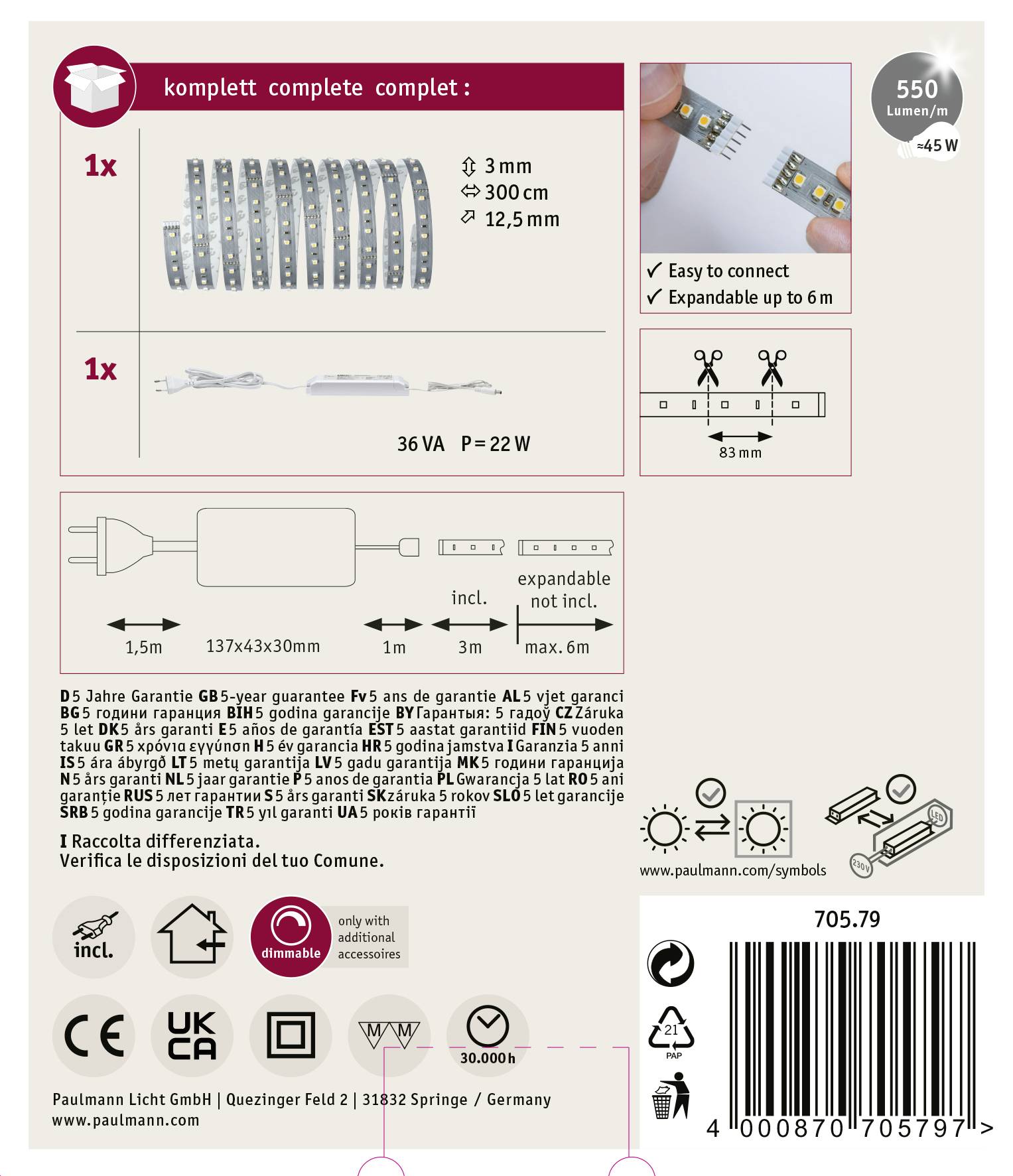 'LED Streifen Set', inkl. 1x LED Band (3m), Trafo, Anschlusskabel, Verbinder. Erweiterbar auf 6m. Lichtleistung: 550 Lumen, 22W.