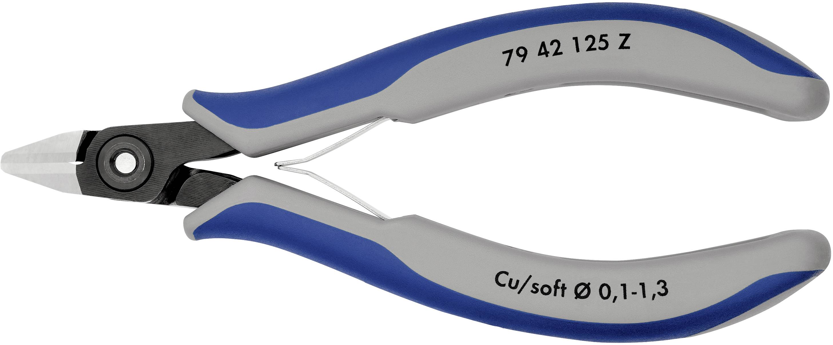 Seitenschneider mit blauen und grauen Griffen, geeignet für Kupferdrähte mit Durchmessern von 0,1 bis 1,3 mm; Modellnummer 79 42 125 Z.