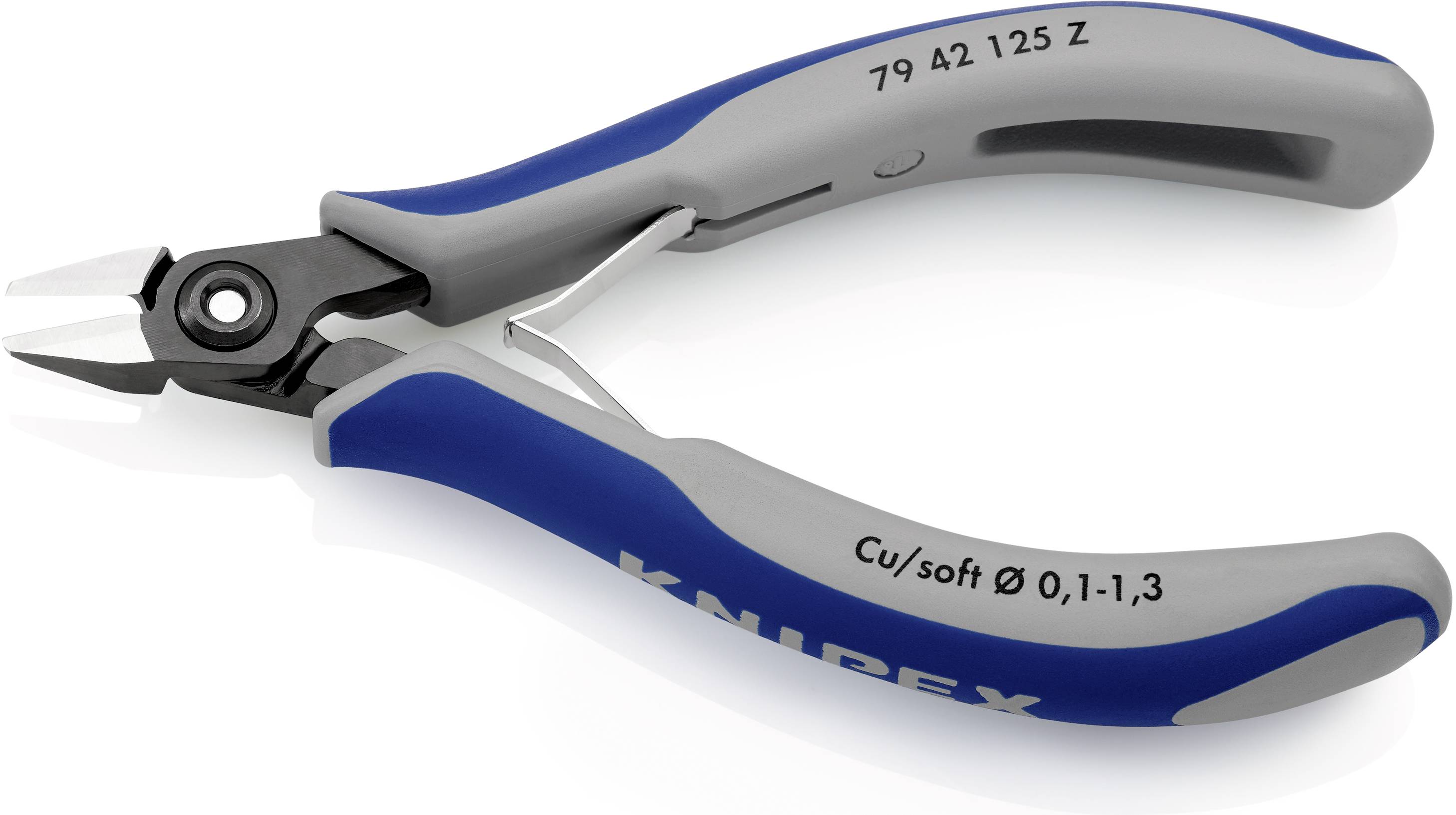 Seitenschneider mit blauen und grauen Griffen, geeignet für weiche Drähte mit einem Durchmesser von 0,1 bis 1,3 mm.