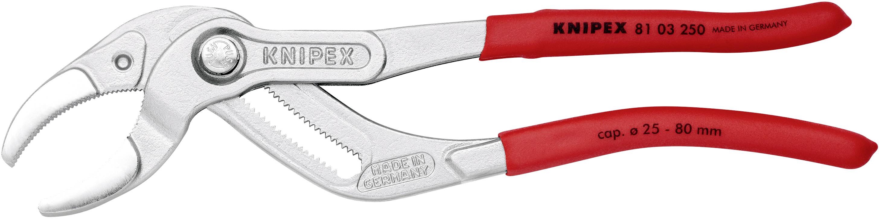 Eine rote Rohrzange mit der Aufschrift 'Knipex'. Geeignet für Spannweiten von 0,25 bis 80 mm. Schraubverbindung am Kopf sichtbar.