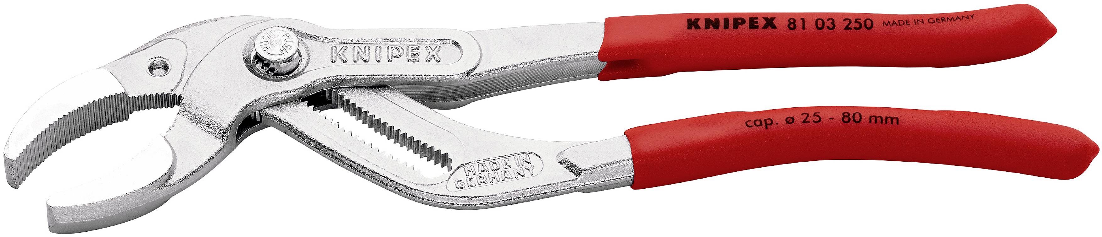 Verstellbare Zange mit rotem Griff, geeignet für Rohre und Muttern von 25 bis 80 mm. Markenname 'Knipex' auf der Zange.