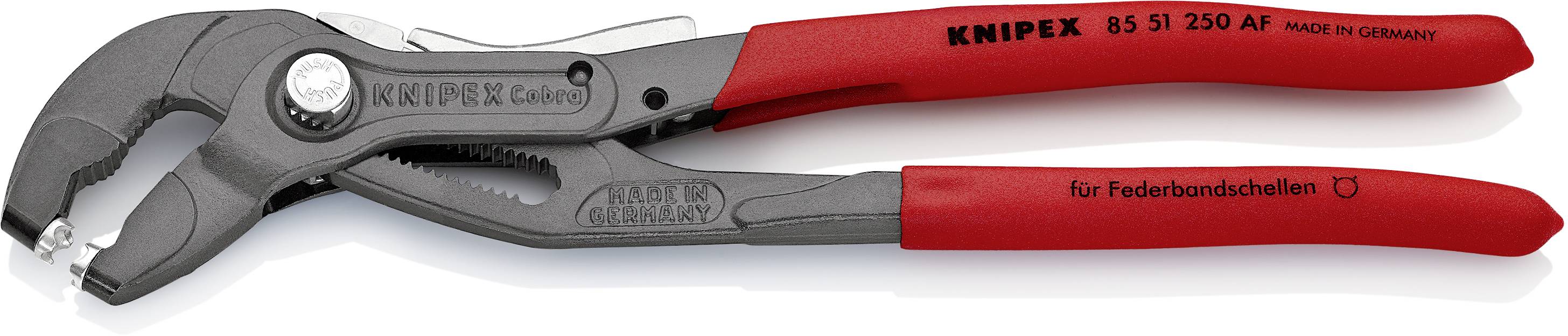 Zange von Knipex mit rotem Griff und schwarzem Kopf, geeignet für Federbandschellen.