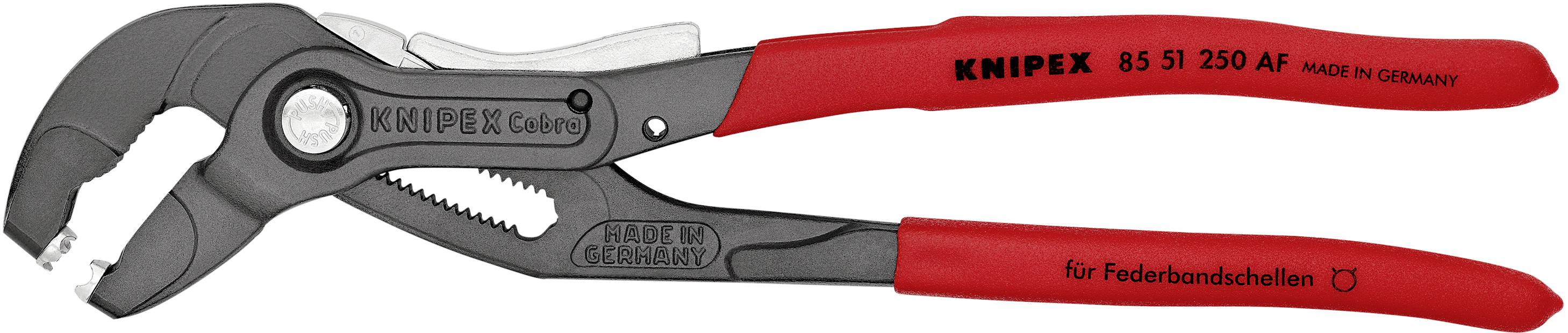 Eine rote KNIPEX Zange mit ergonomischen Griffen und der Modellbezeichnung '85 51 250 AF', auf der 'Made in Germany' steht.
