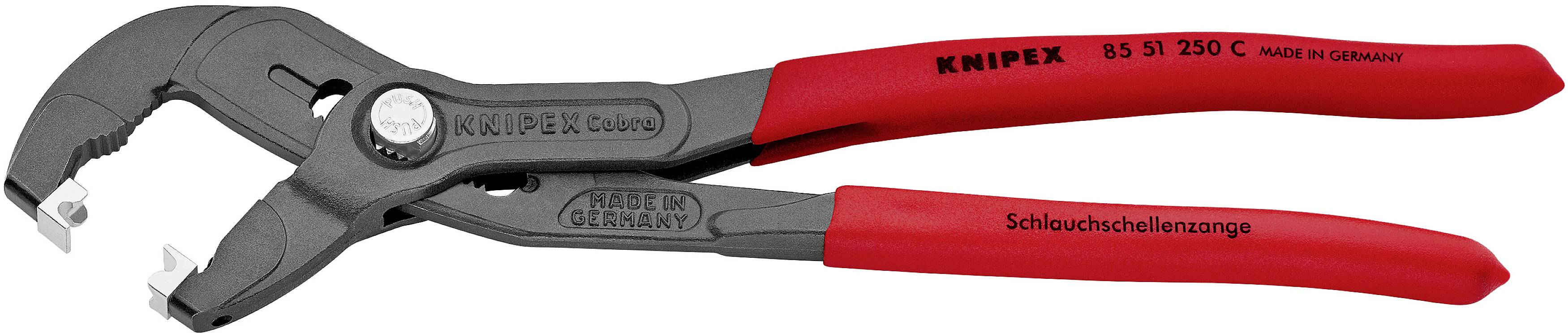 Rote Schlauchschellenzange mit ergonomischen Griffen. Geeignet zum Lösen von Schlauchschellen mit seitlichen Cutouts für besseren Halt.