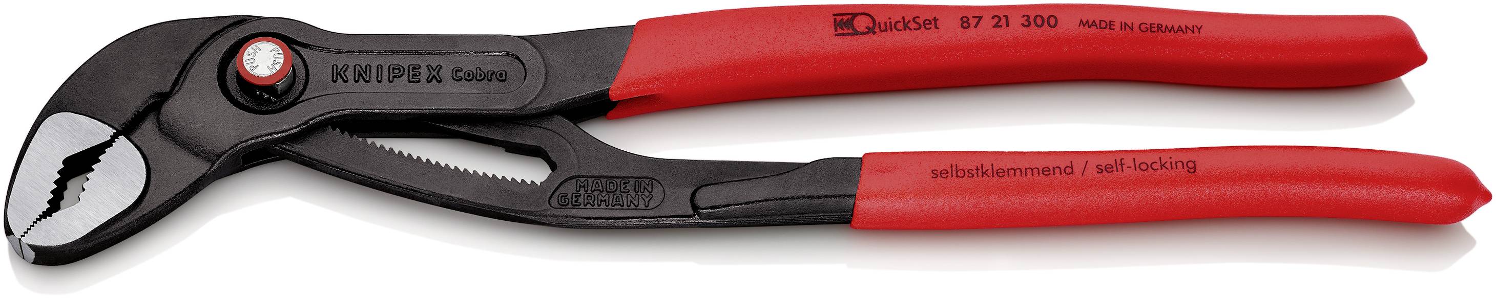 Rote Zange der Marke Knipex, Modell 87 01 300, hergestellt in Deutschland, selbstklemmend, mit grauen Greifbacken.