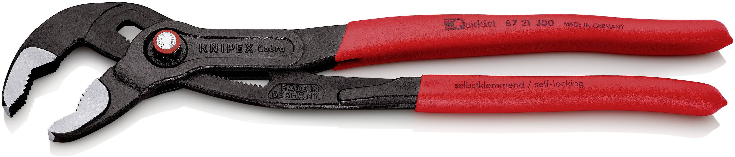 Beschreibung: Eine rote Wasserpumpenzange der Marke KNIPEX mit schwarzem Kopf und verstellbarem Griff.