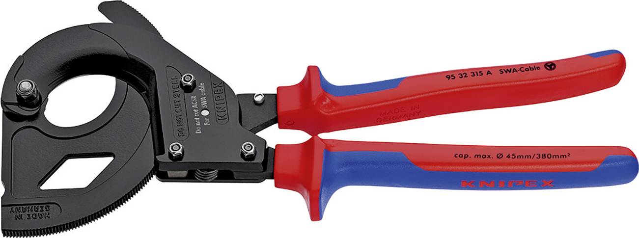 Schwarzer Kabelschneider mit rot-blauen Griffen, geeignet für bis zu 38 mm dicke Kabel. Marke: Knipex.