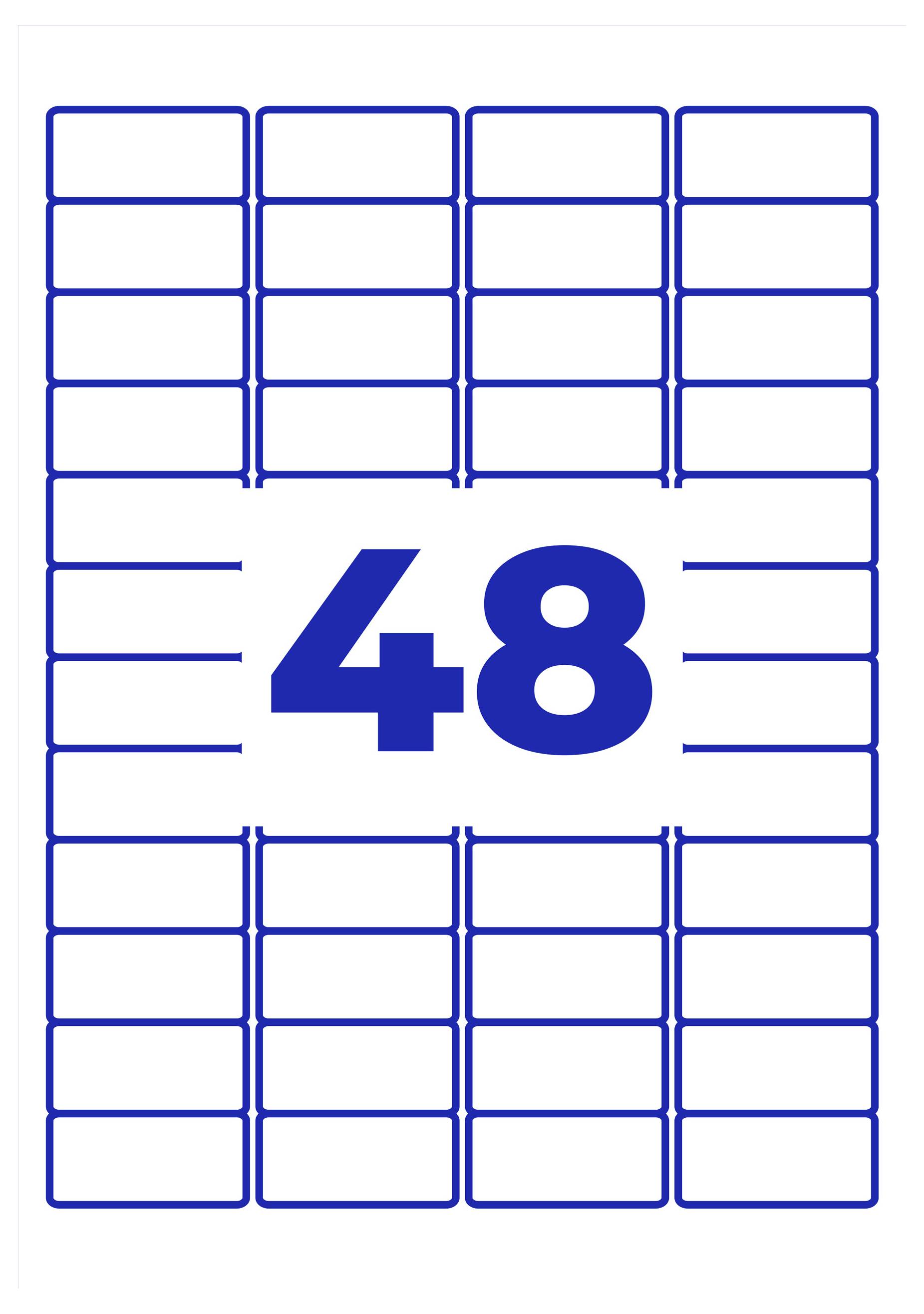 Etikettenvorlage mit 48 rechteckigen Feldern; in der Mitte steht groß die Zahl '48' in Blau.