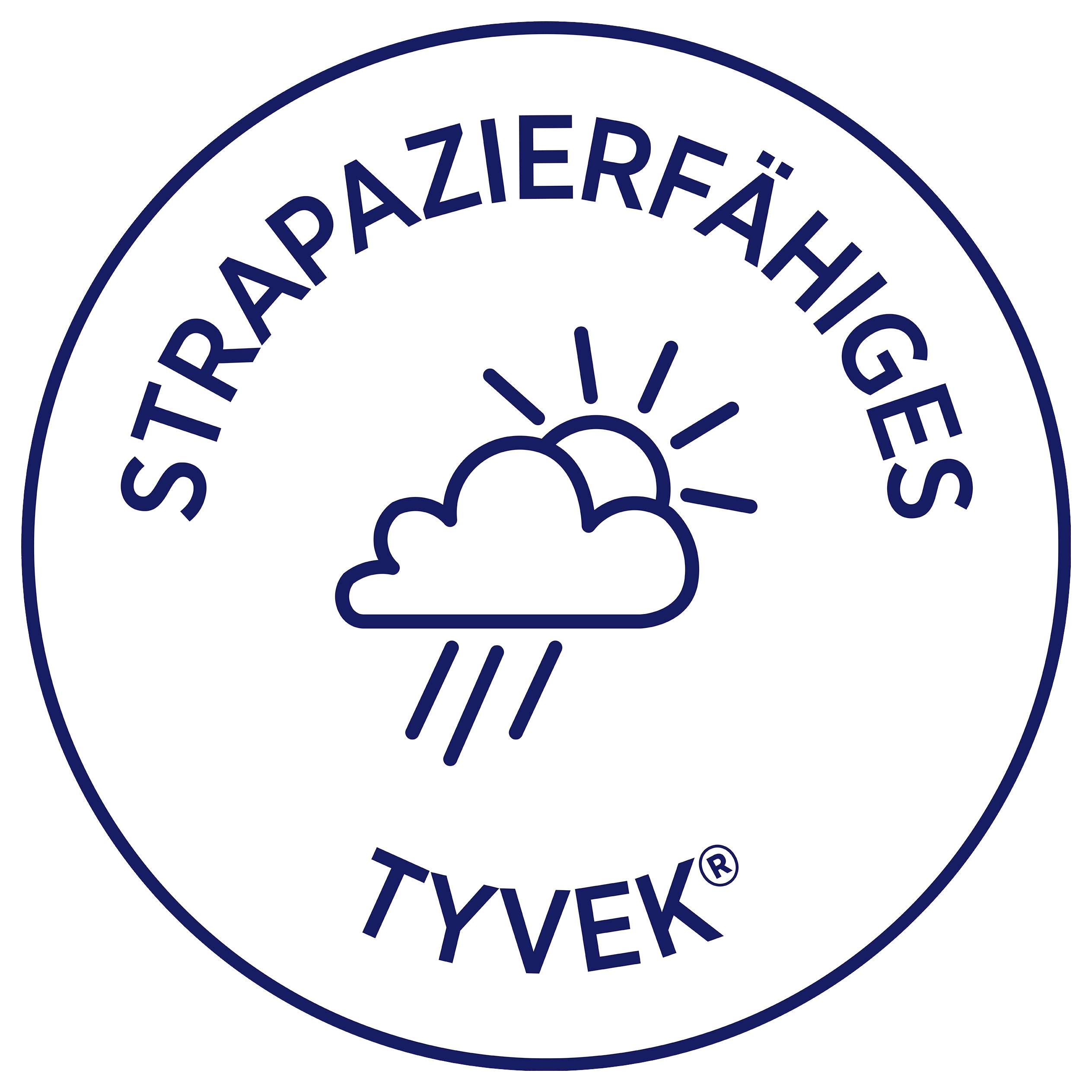 Rundes Tyvek-Siegel mit Wolke, Sonne und Regen; Text 'STRAPAZIERFÄHIGES TYVEK®' kennzeichnet robustes Material.