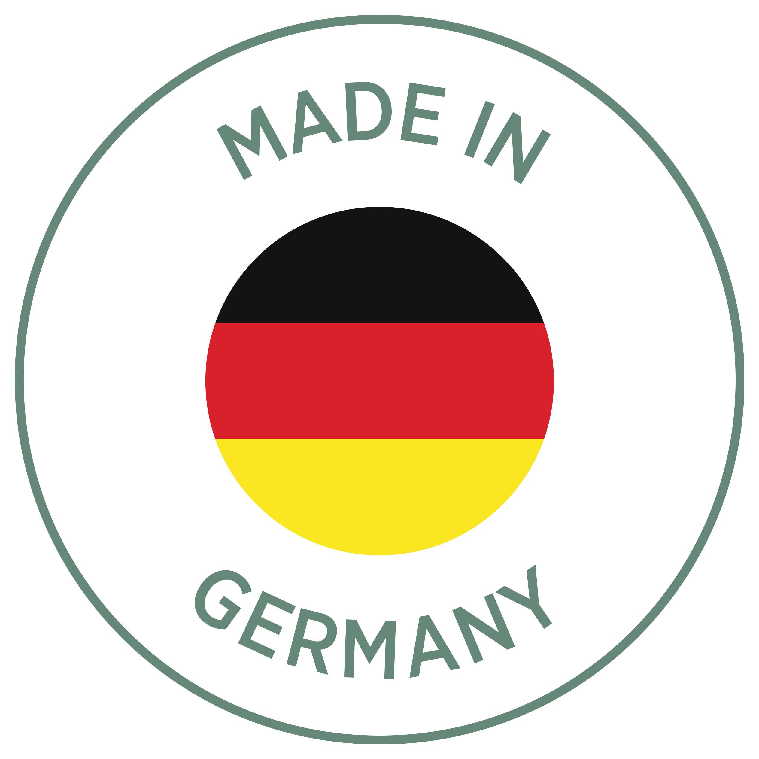 Rundes Siegel mit deutscher Flagge und Text 'MADE IN GERMANY' als Herkunftskennzeichnung.