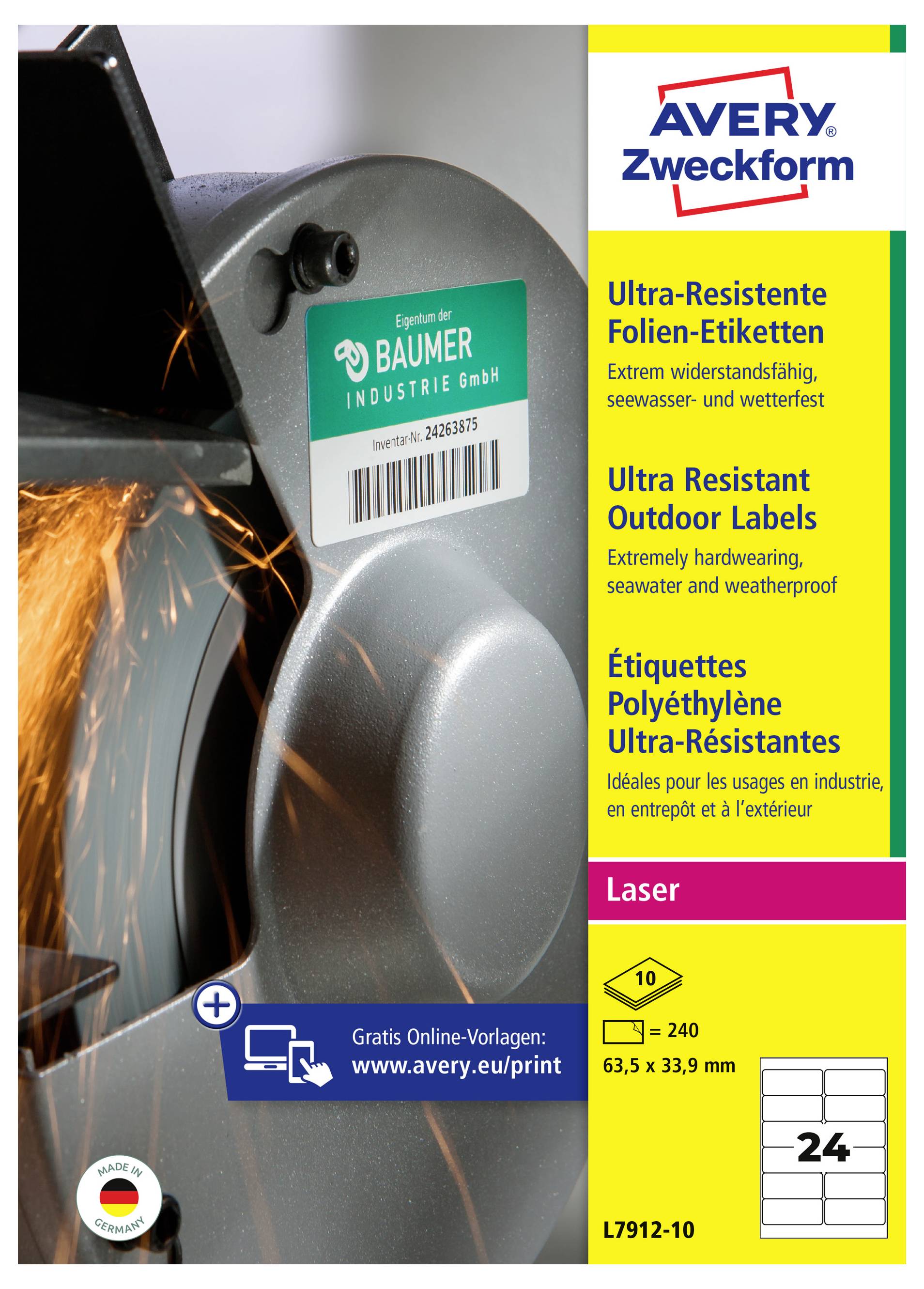 Avery Zweckform Ultra-Resistant Outdoor Labels Verpackung zeigt ein Etikett, das an Metallmaschinen in der Nähe von Funken angebracht ist und unterstreicht Laserdruck-Etikettierblätter für raue Außenanwendungen.