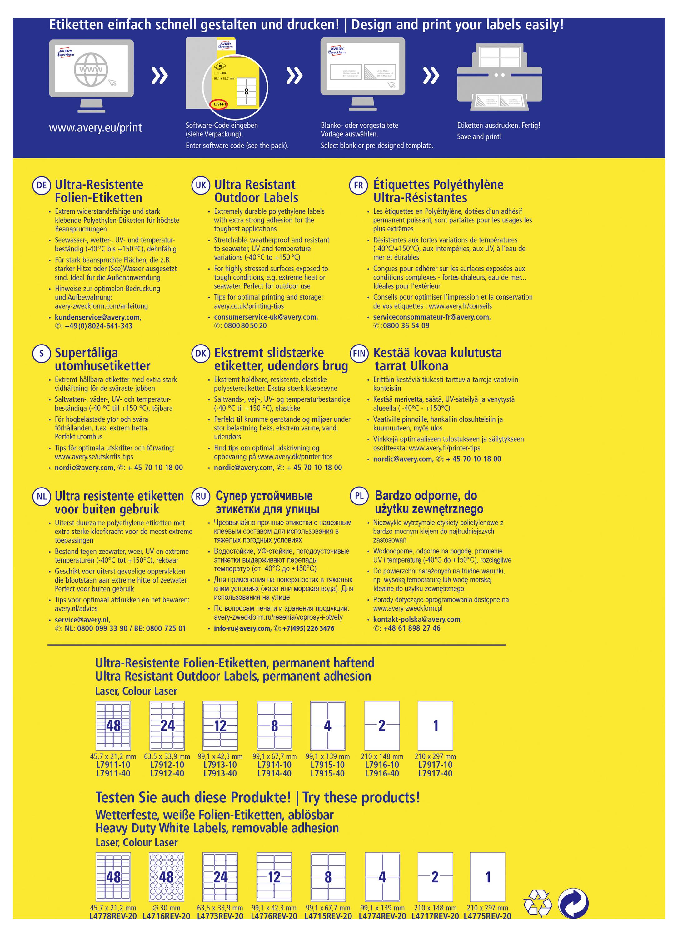 Plakat, das hochbeständige Etiketten und Etiketten für Drucker bewirbt, mit einem Druck-zu-Etikett-Arbeitsablauf, Produkttypen und mehrsprachigem Text auf gelbem Hintergrund.