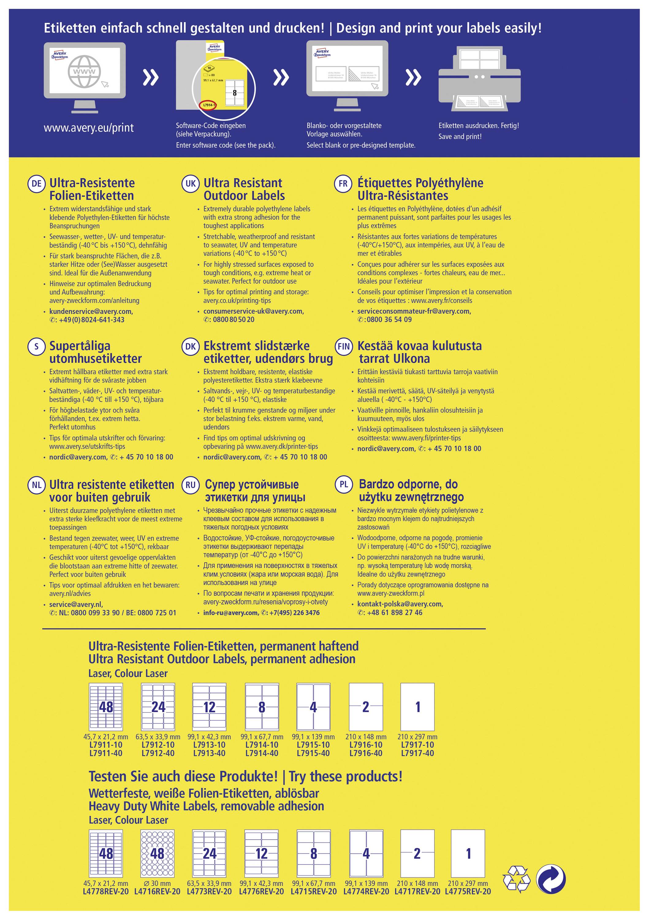 Avery-Zweckform L7916-10 Folien-Etiketten 210 x 148mm Polyethylenfolie Weiß 20 St. Permanent haftend Farblaserdrucker